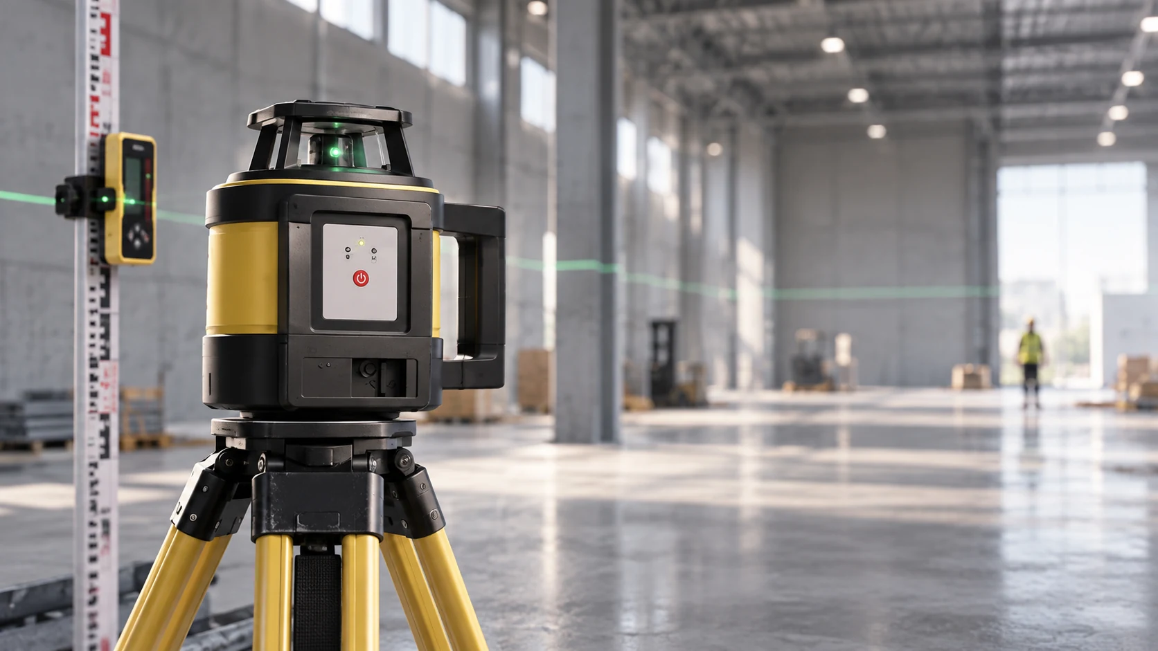 Leica rotationslaser i industrimiljö, grönt lasljus i lagerlokal